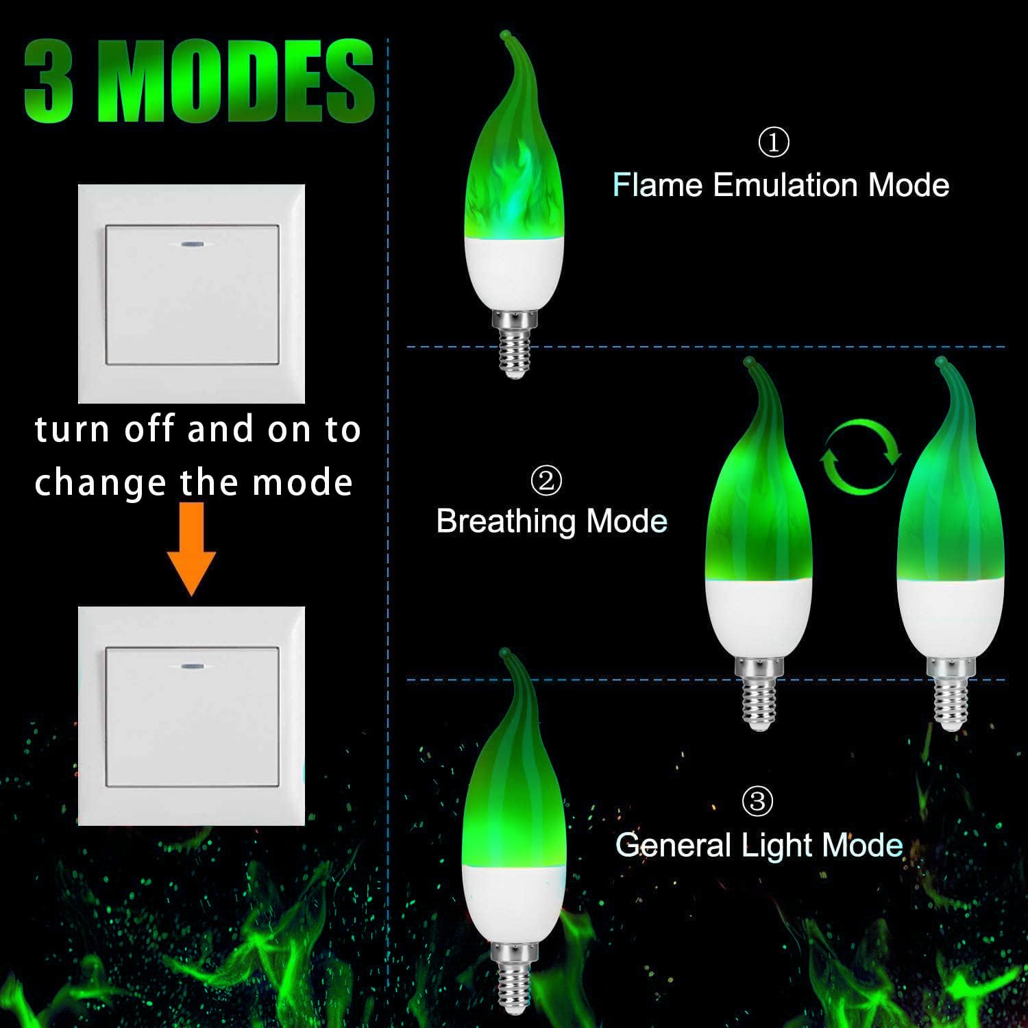 OHLGT E12 Flame Bulbs, 3 Mode LED Candelabra 2.0 Watt Green Chandelier Candle Light Bulbs, Flame Tip for Christmas Party Decorations（2 Packs）