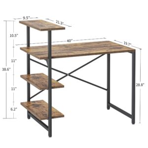 CubiCubi Small Computer Desk with Shelves, 40 Inch Reversible Home Office Desk with 3 Tier Storage Bookshelf, Study Writing Office Table, Brown