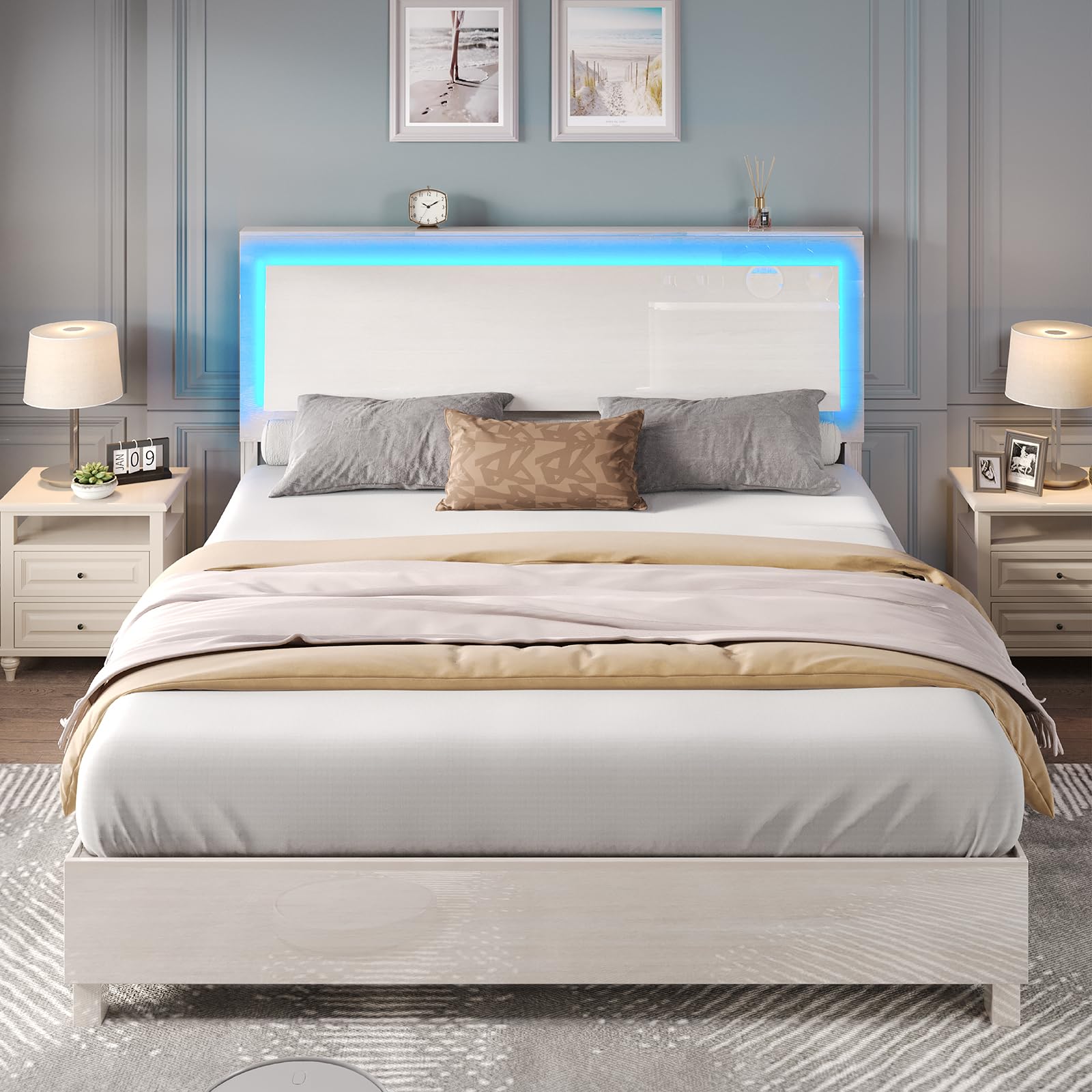 LUXOAK High Gloss Bed Frame with LED Headboard, Queen Platform Bed with Unique Floating Ergonomic Headboard Design, No Box Spring Needed, Easy Assembly, Beige