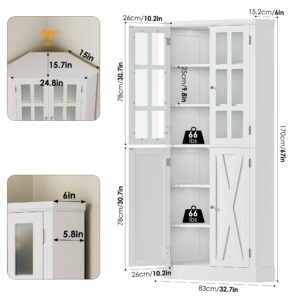 BOTLOG 67" Corner Cabinet, Tall Corner Storage Cabinet with 4 Doors, Corner Cabinet with Spacious Top, Curved Profile Design, Space Saver for Bathroom, Living Room, Kitchen, Modern White