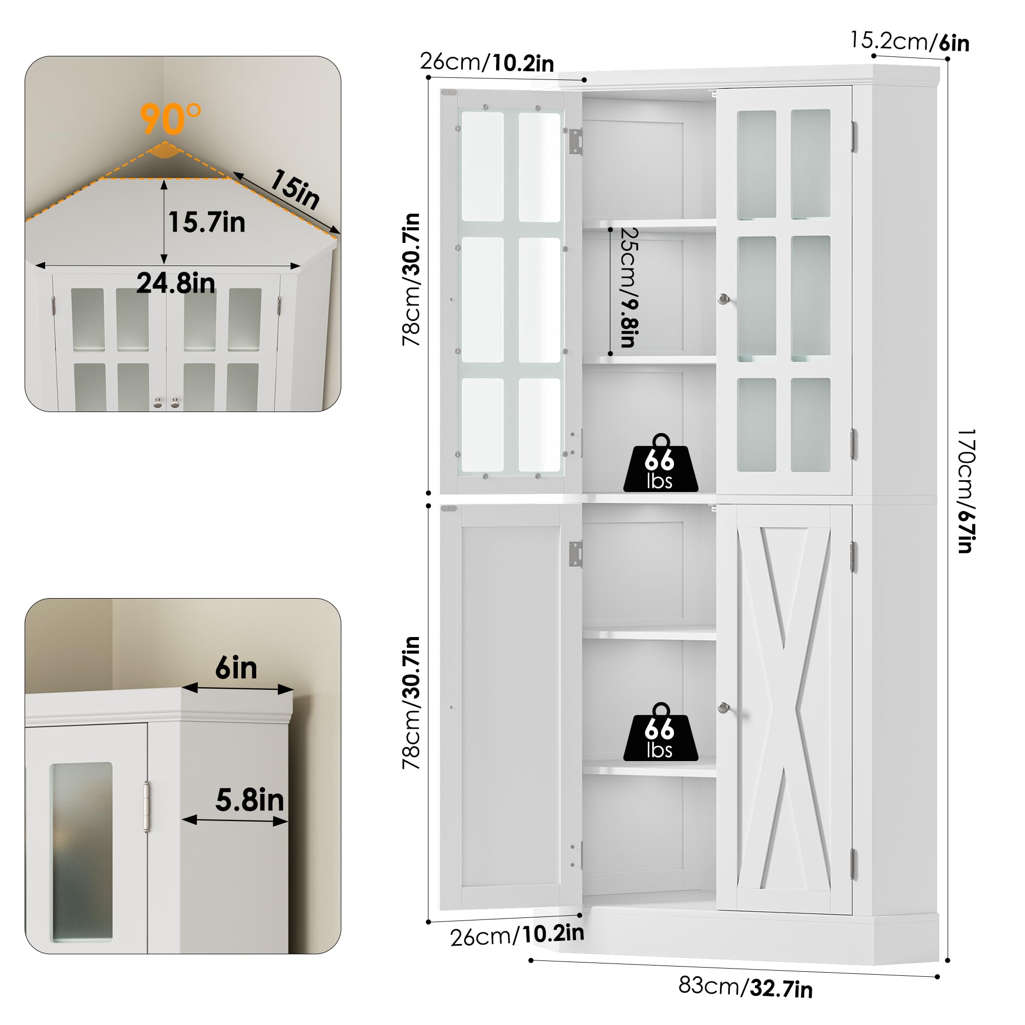 BOTLOG 67" Corner Cabinet, Tall Corner Storage Cabinet with 4 Doors, Corner Cabinet with Spacious Top, Curved Profile Design, Space Saver for Bathroom, Living Room, Kitchen, Modern White