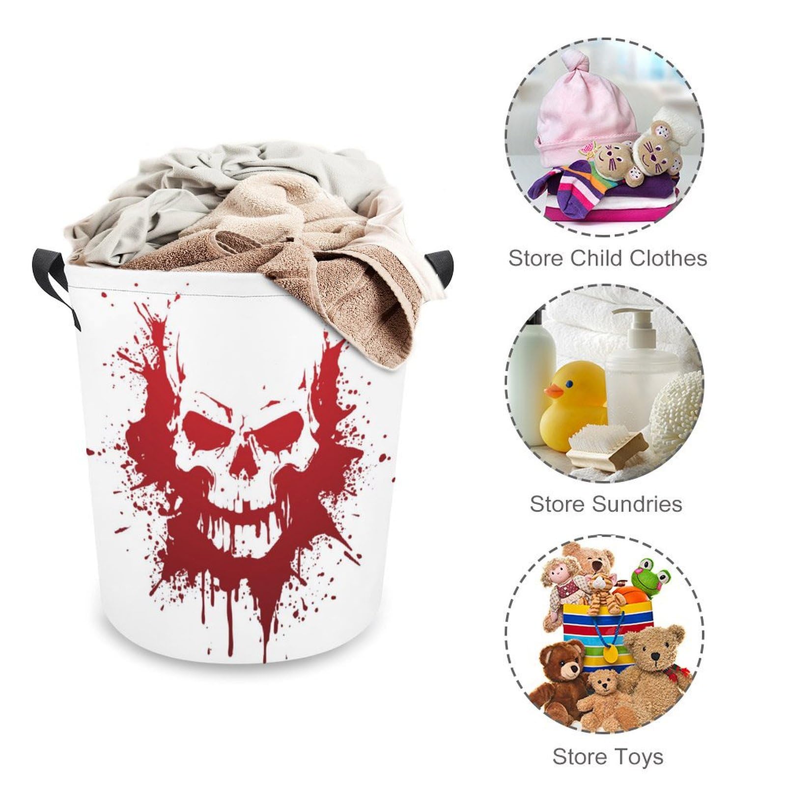 TsyTma Halloween Blood Skull Laundry Basket Small Collapsible Laundry Hamper with Handles Round Dirty Clothes Hampers for Laundry Bedroom Bathroom