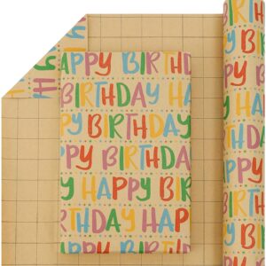 CAMKUZON Kraft Birthday Wrapping Paper Roll with Cutlines - Colorful Happy Birthday Text and Star Design - Gift Wrap Paper for Birthday Celebration Baby Shower, 17.4 Inch