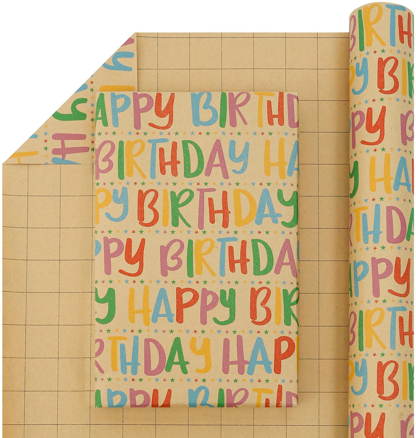 CAMKUZON Kraft Birthday Wrapping Paper Roll with Cutlines - Colorful Happy Birthday Text and Star Design - Gift Wrap Paper for Birthday Celebration Baby Shower, 17.4 Inch