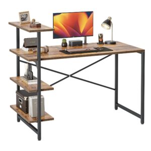 cubicubi small computer desk with shelves, 40 inch reversible home office desk with 3 tier storage bookshelf, study writing office table, brown