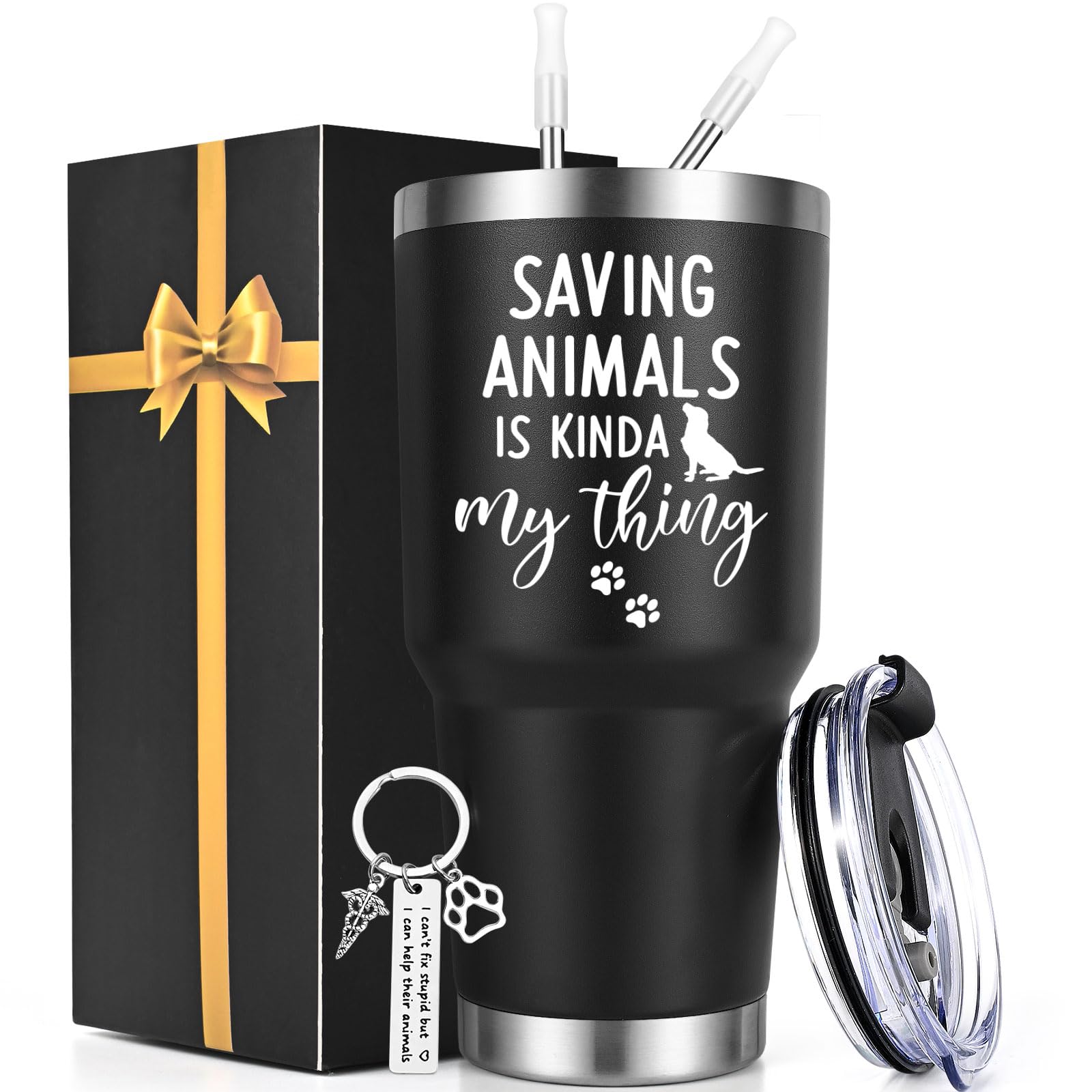 Lifecapido Vet Tech Gifts, Veterinarian Gifts, Saving Animals Is Kinda My Thing 30oz Tumbler with Veterinarian Keychain, Vet Tech Week Gifts Christmas Gifts for Veterinarian Technologists, Black