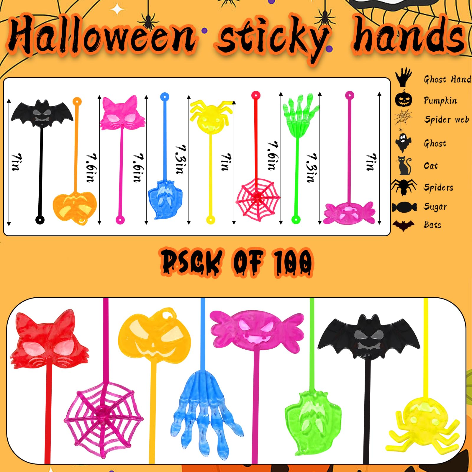 100PCS Halloween Sticky Hands Party Favors Treats Bags Toys for Kids,Bulk Halloween Toys for Halloween Goodie Bag Stuffers Basket stuffers Candy Bags Fillers Classroom Exchange Prizes