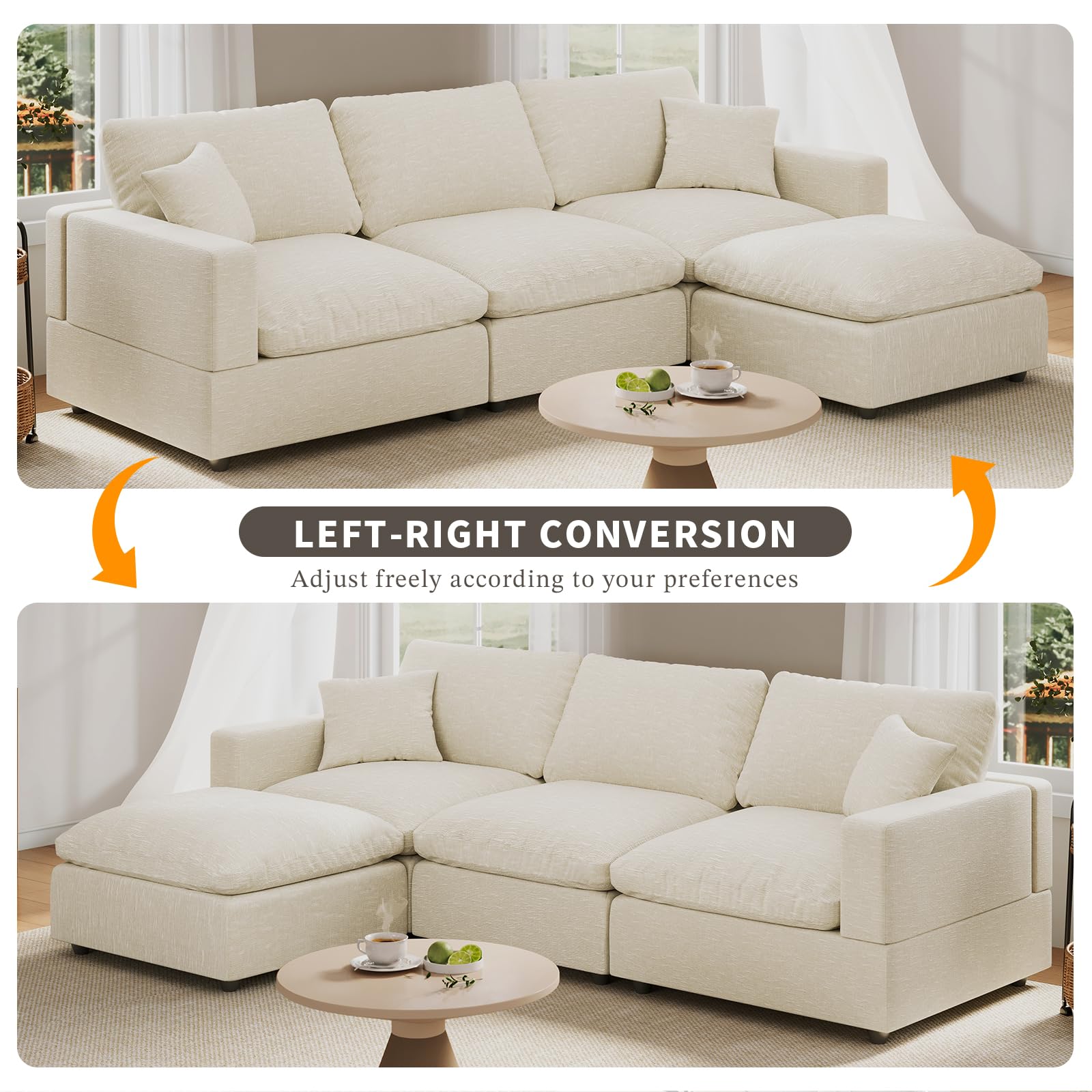 Modular Sectional Sofa Couch, Cloud Modular Couch with Ottoman, L Shaped Convertible Couch Deep Seat Couches for Living Room/Apartment/Office, Down Filled Sofas, Detachable Cushion Covers