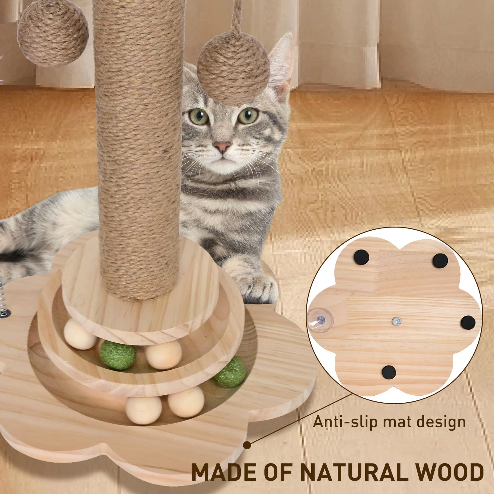 HivaolJoy Kitten Scratching Post - 4 in 1 Cat Scratching Post,19.69" Wooden Cat Scratch Post with 2 Level Cat Sisal Balls Interactive Cat Toy and 2 Sisal Hanging Balls for Indoor Kittens, Adult Cats