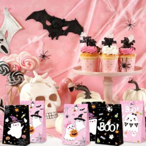 24Pcs Halloween Paper Treat Bags Pink Black Boo Ghost Pumpkin Candy Goodie Bags with Stickers for Halloween Trick or Treat Party Favors Baby Shower Supplies