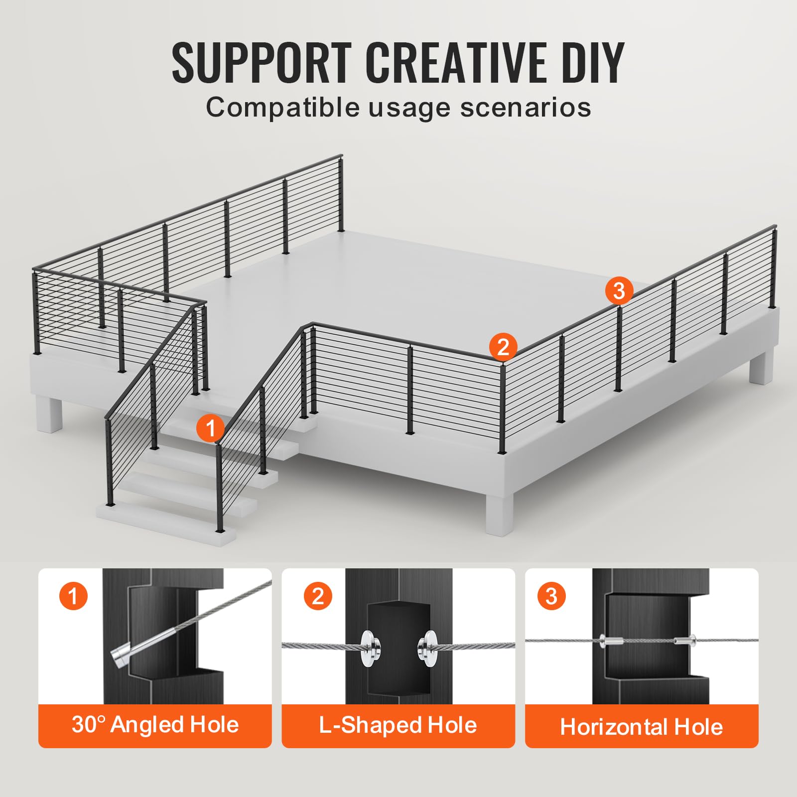 VEVOR Cable Support Post, 42" Height, 2" Width, Steel with 30° Angled Holes for Stairs, 12 Holes Pre-Drilled, Made of SUS304 Stainless Steel, Includes Horizontal/Curved Bracket, Single Unit, Black