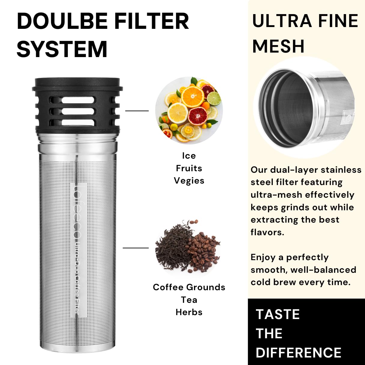 LAFEECA Cold Brew Coffee Maker - Iced Tea Brewer with Airtight Lid - Stainless Dual Ultra Filter - Tritan Pitcher - 1500 ml / 51 oz - Dune