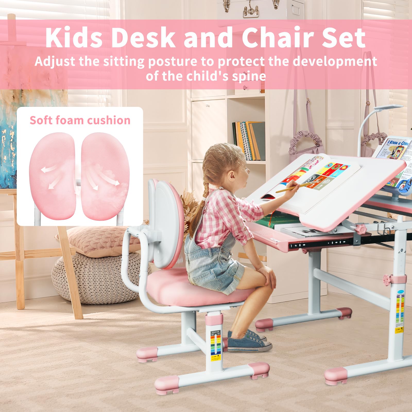 Kids Desk and Chair Set, Height-Adjustable Chair and Desk for Kids, Kid Desk with 3 Modes and 3 Brightness Led Lamps, Childrens Desk with 60° Tilting Tabletop and Extra-Large Storage Drawer (Pink)