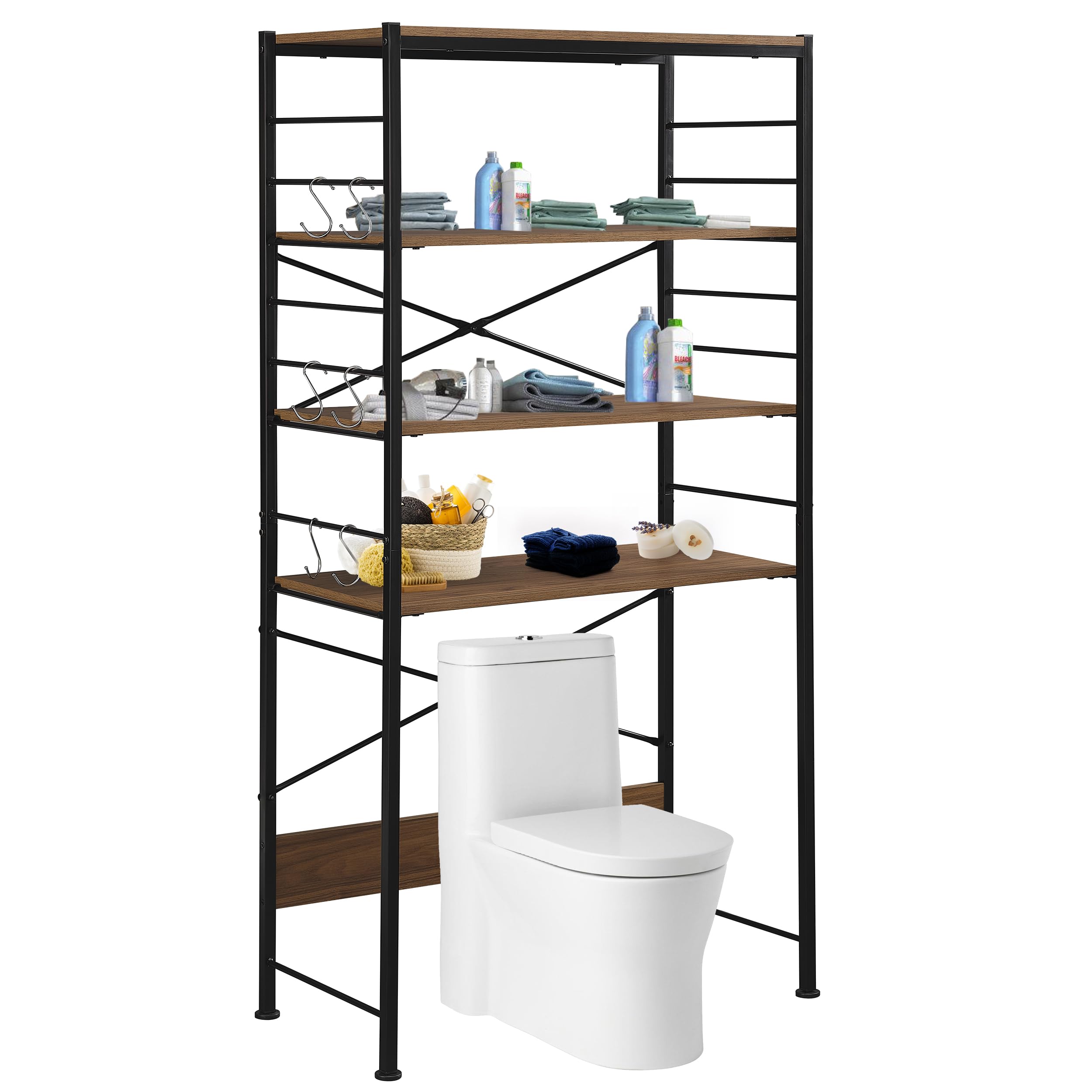 PrimeZone Over The Toilet Storage Shelf - 4 Tier Adjustable Metal Bathroom Shelves Organizer with 6 Hooks, Freestanding Above Toilet Storage Rack Waterproof Space Saver for Bathroom Laundry, Black