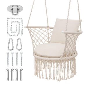 SFIHOME Boho Style Macrame Hanging Swing Chair for Adults, Hammock Swing Chair for Indoor and Outdoor Use, Max 350 Lbs, Beige, SFA75-HC001WHWH