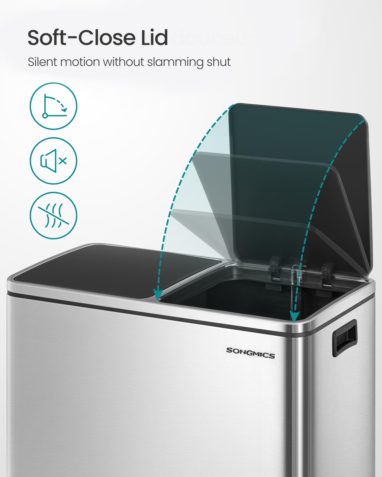 SONGMICS Trash Can, 2 x 10.6 Gallon (2 x 40 L) Garbage Can for Kitchen, with 15 Trash Bags, 2 Compartments, Plastic Inner Buckets and Hinged Lids, Airtight, Silver and Black ULTB730E80