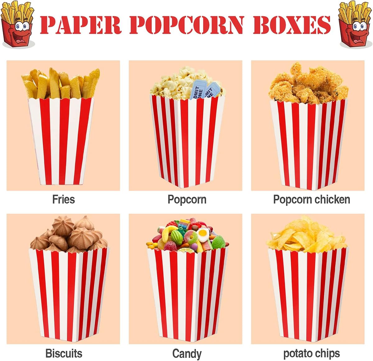 AIROLDI 28Pcs Popcorn Boxes - Mini Paper Popcorn Box, White and Red Stripes Pop Corn Snack Container for Movie Night Carnival Party Supplies (Classic Red)