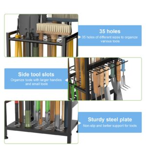 keomaisyto Garden Tool Organizer for Garage, Yard Tool Organizer for Garage Organization and Storage, Heavy Duty Garden Tool Stand with 35 Long-Handled Tool Slots and 10 Tool Hooks for Shed, Yard