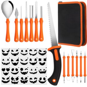 morningro 34 pcs halloween pumpkin carving kit, 13 pcs professional heavy duty stainless steel double side pumpkin carving tool with pumpkin carving knife and 20 pumpkin stencils for kids adults