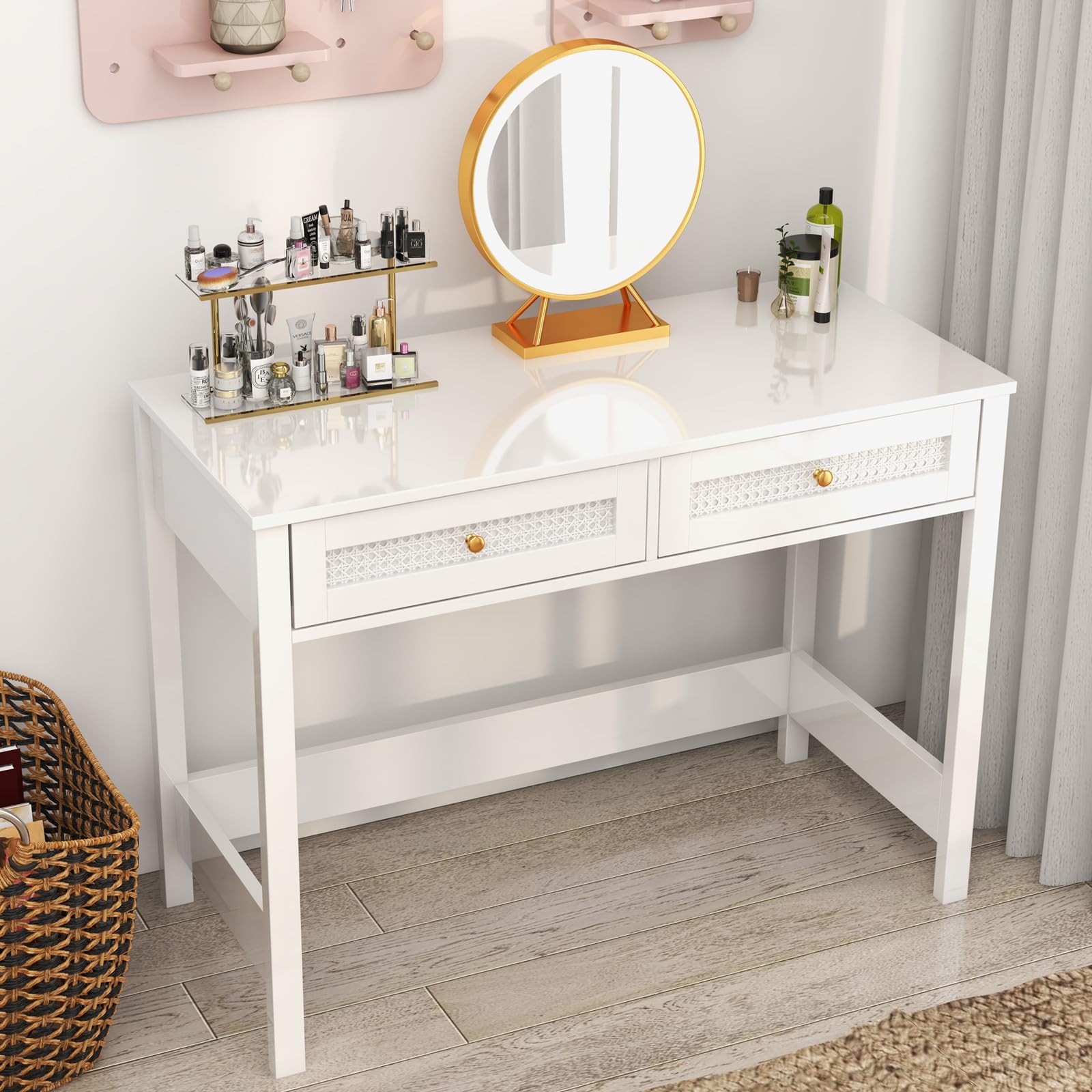 Vikiullf White Desk with Drawers - 39 in Small Modern Study Writing Table Makeup Vanity Desk for Small Spaces Home Office Desk with 2 Rattan Drawers