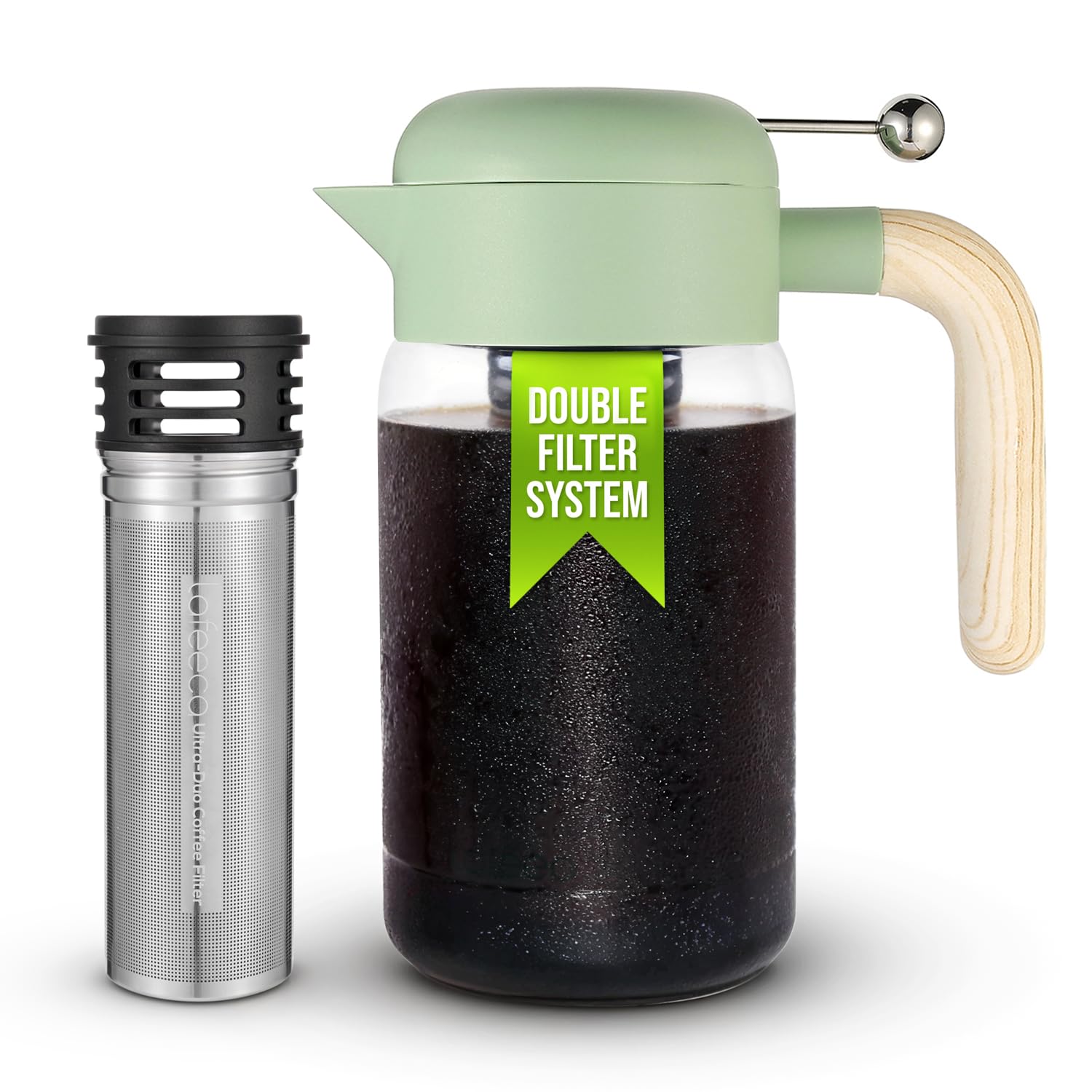 LAFEECA Cold Brew Coffee Maker - Iced Tea Brewer with Airtight Lid - Stainless Dual Ultra Filter - Tritan Pitcher - 1500 ml / 51 oz - Green