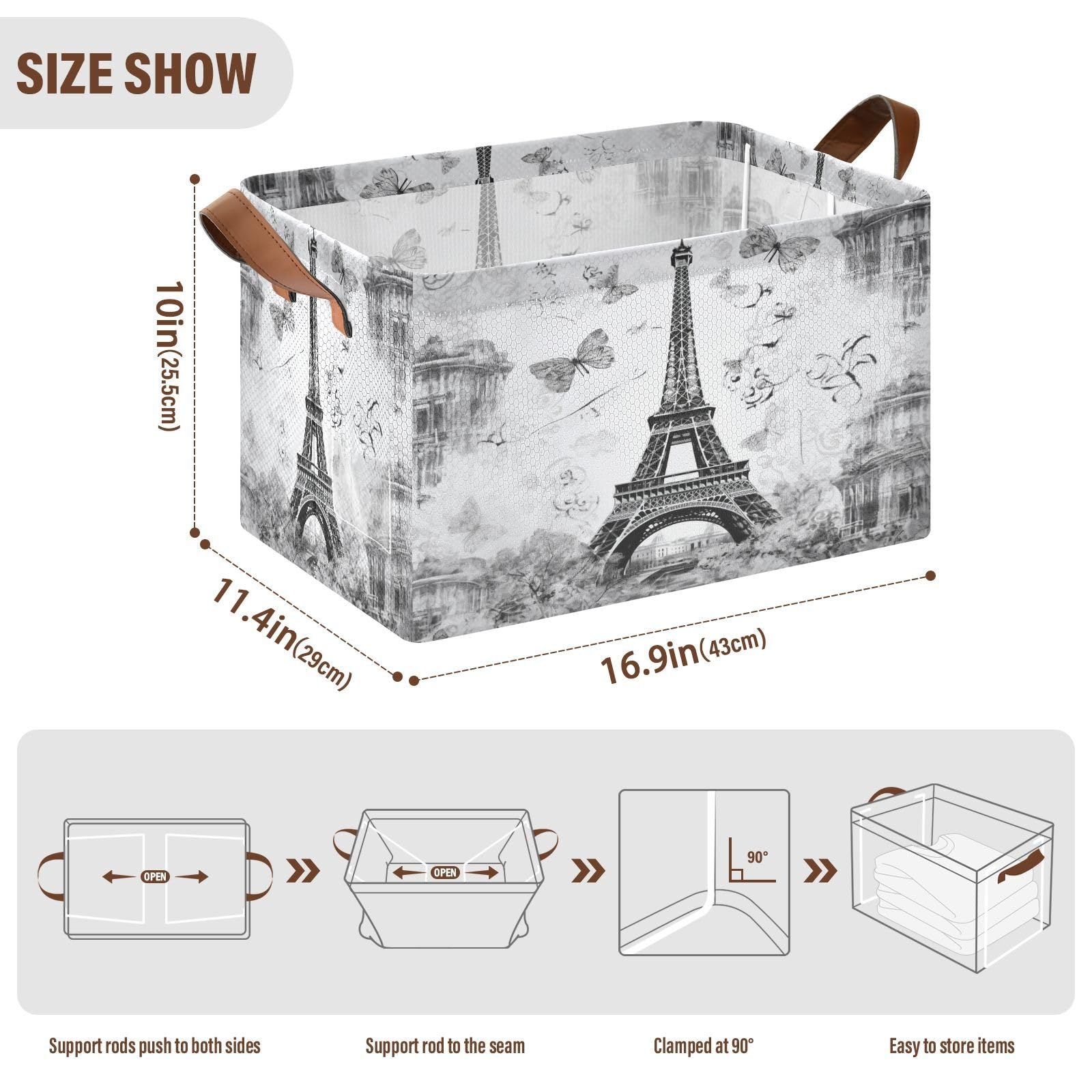 KJIZMO Paris Eiffel Tower Foldable Storage Basket for Shelves, Collapsible Sturdy Storage Bin with Handles, Storage Cube for Organizing Closet 2PCS