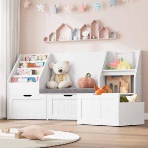 fotosok 55.1’’ kids bookshelf with reading nook, toy storage organizer with seat cushion and 3 movable drawers, kids reading nook toy organizers and storage with bench for playroom, bedroom, white