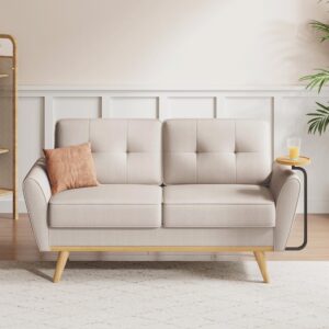 brelice loveseat sofa, mid century modern decor love seat couch with solid wood, convertible wooden tray living room furniture, button tufted upholstered 2 seat couches for bedroom, apartment, beige