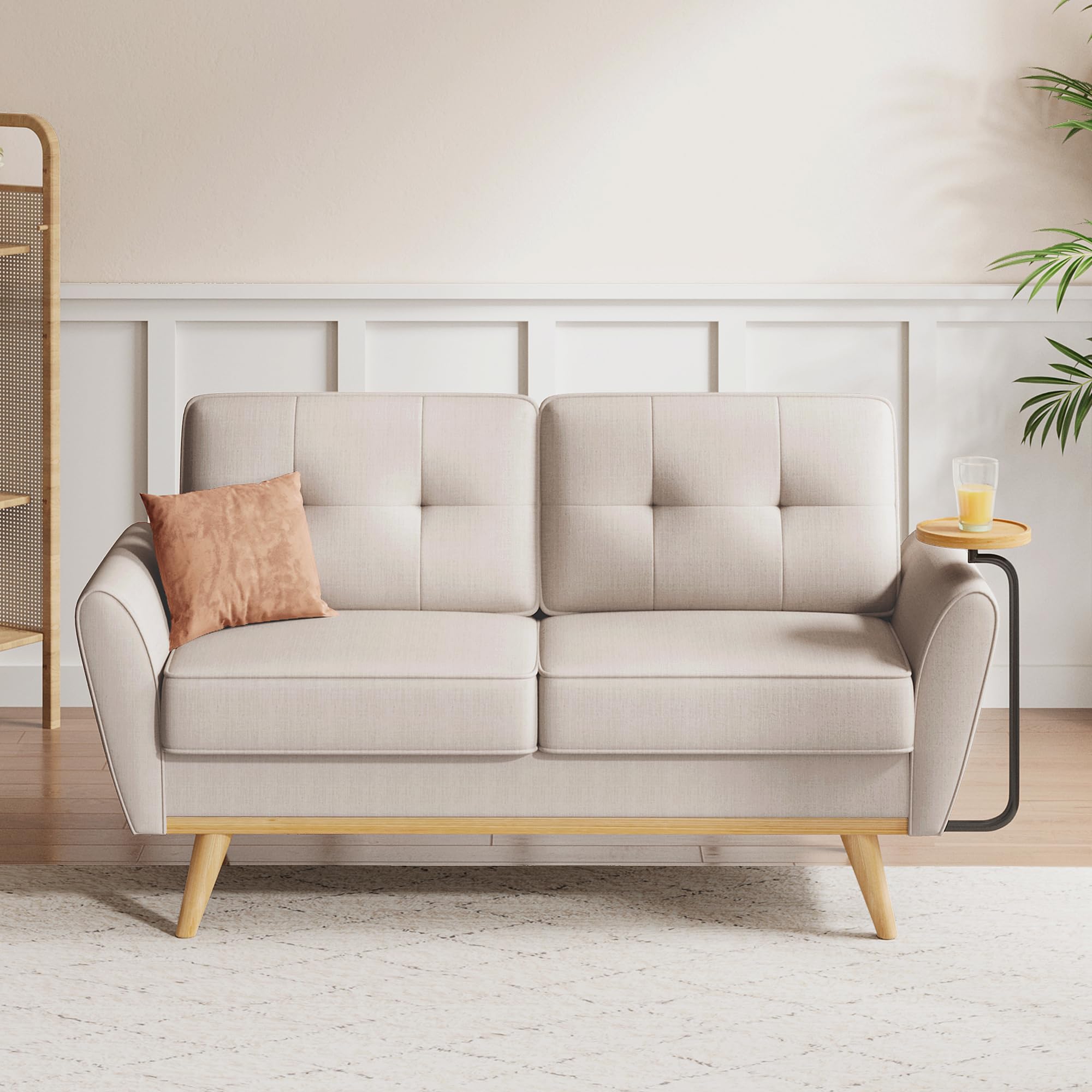 Brelice Loveseat Sofa, Mid Century Modern Decor Love Seat Couch with Solid Wood, Convertible Wooden Tray Living Room Furniture, Button Tufted Upholstered 2 Seat Couches for Bedroom, Apartment, Beige