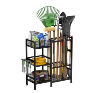 keomaisyto Garden Tool Organizer with Basket, 3 Tier Yard Tool Storage Rack for Garage Organization, Heavy Duty Garden Tool Holder with 35 Long-Handled Tool Slots for Shed, Yard, Garage