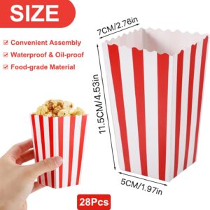 AIROLDI 28Pcs Popcorn Boxes - Mini Paper Popcorn Box, White and Red Stripes Pop Corn Snack Container for Movie Night Carnival Party Supplies (Classic Red)