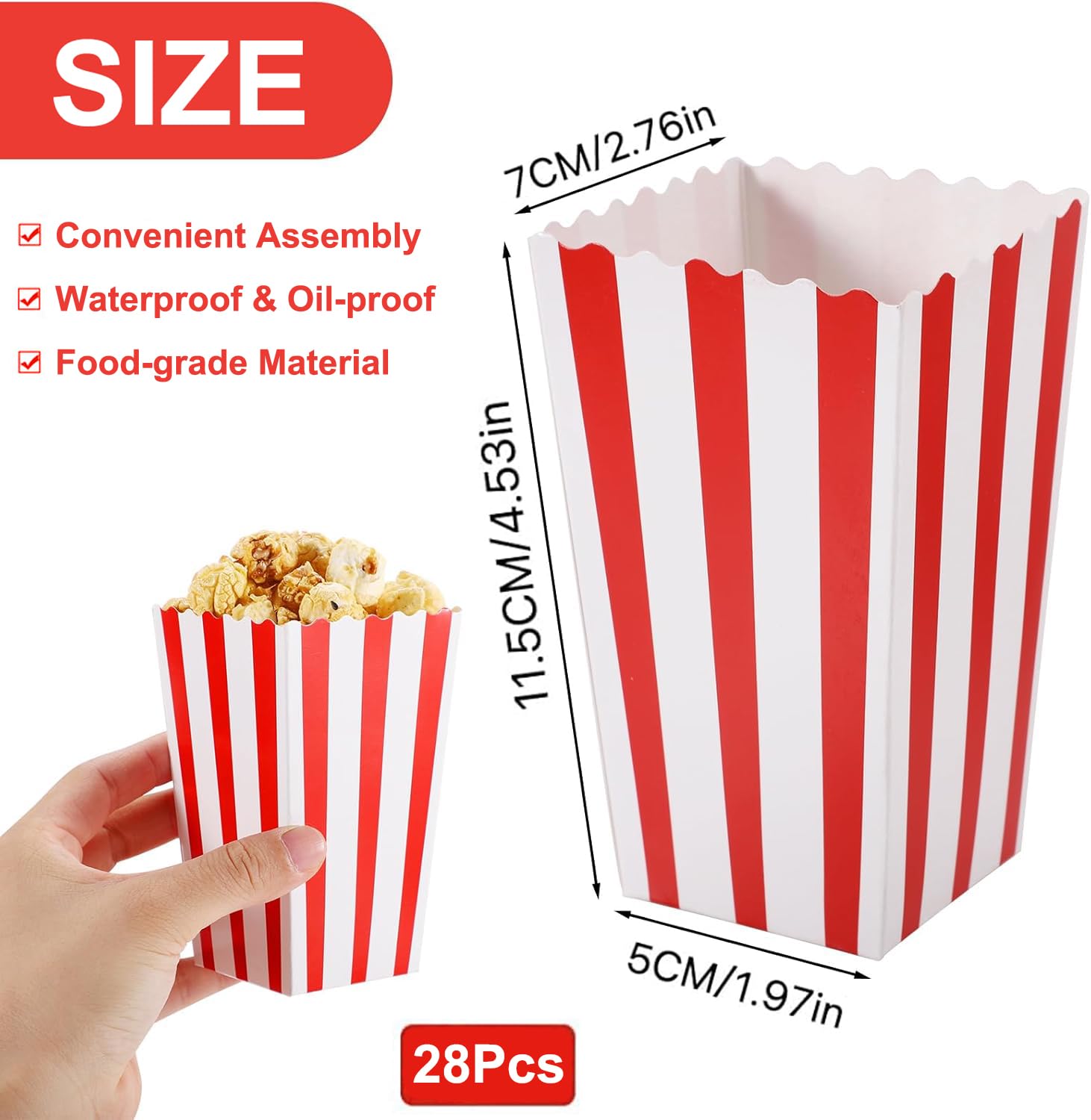 AIROLDI 28Pcs Popcorn Boxes - Mini Paper Popcorn Box, White and Red Stripes Pop Corn Snack Container for Movie Night Carnival Party Supplies (Classic Red)