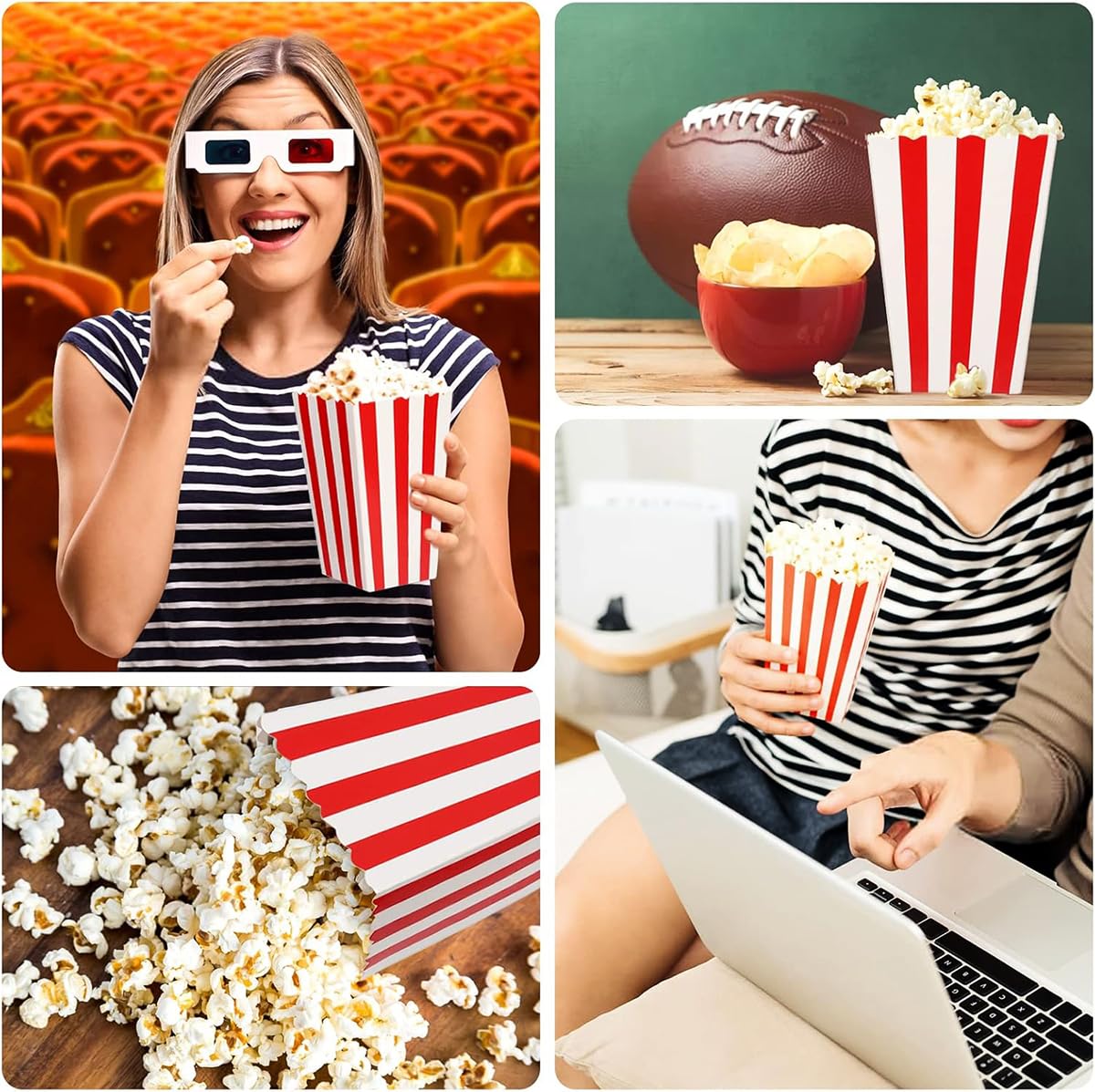 AIROLDI 28Pcs Popcorn Boxes - Mini Paper Popcorn Box, White and Red Stripes Pop Corn Snack Container for Movie Night Carnival Party Supplies (Classic Red)