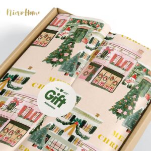 NICROHOME EUR 24 Sheets Christmas Tissue Paper, Sage Green Pink Tissue Wrapping Paper with Christmas Tree House Snowman Socks Pattern, Small Gifts Wrapping Paper for Xmas Crafts Gifts (15 X 20 Inch)