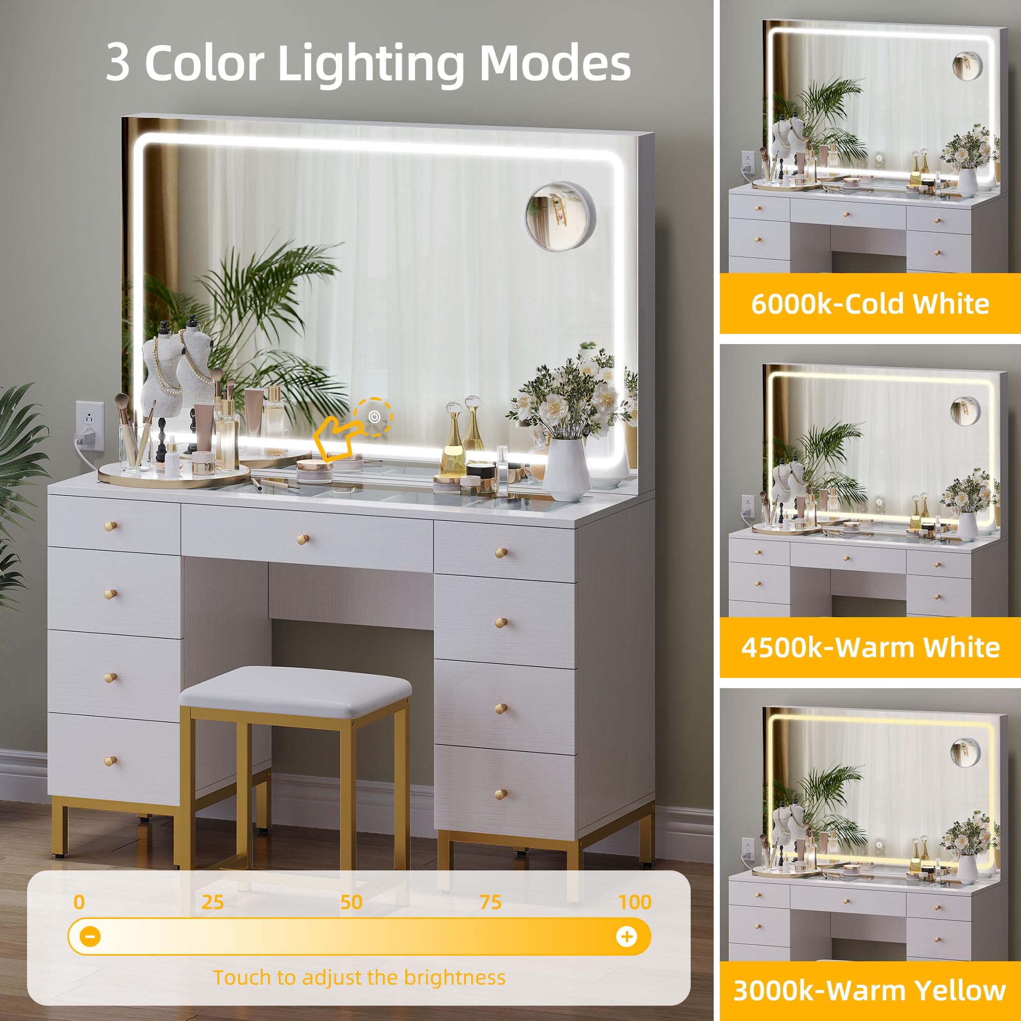 DWVO Vanity Desk Set with Large LED Lighted and Mirror & Power Outlet, Glass Top Vanity with Adjustable 3 Color Lighting Modes and 9 Drawer Magnifying Glass, 47" Makeup Vanity Desk with Bench, White