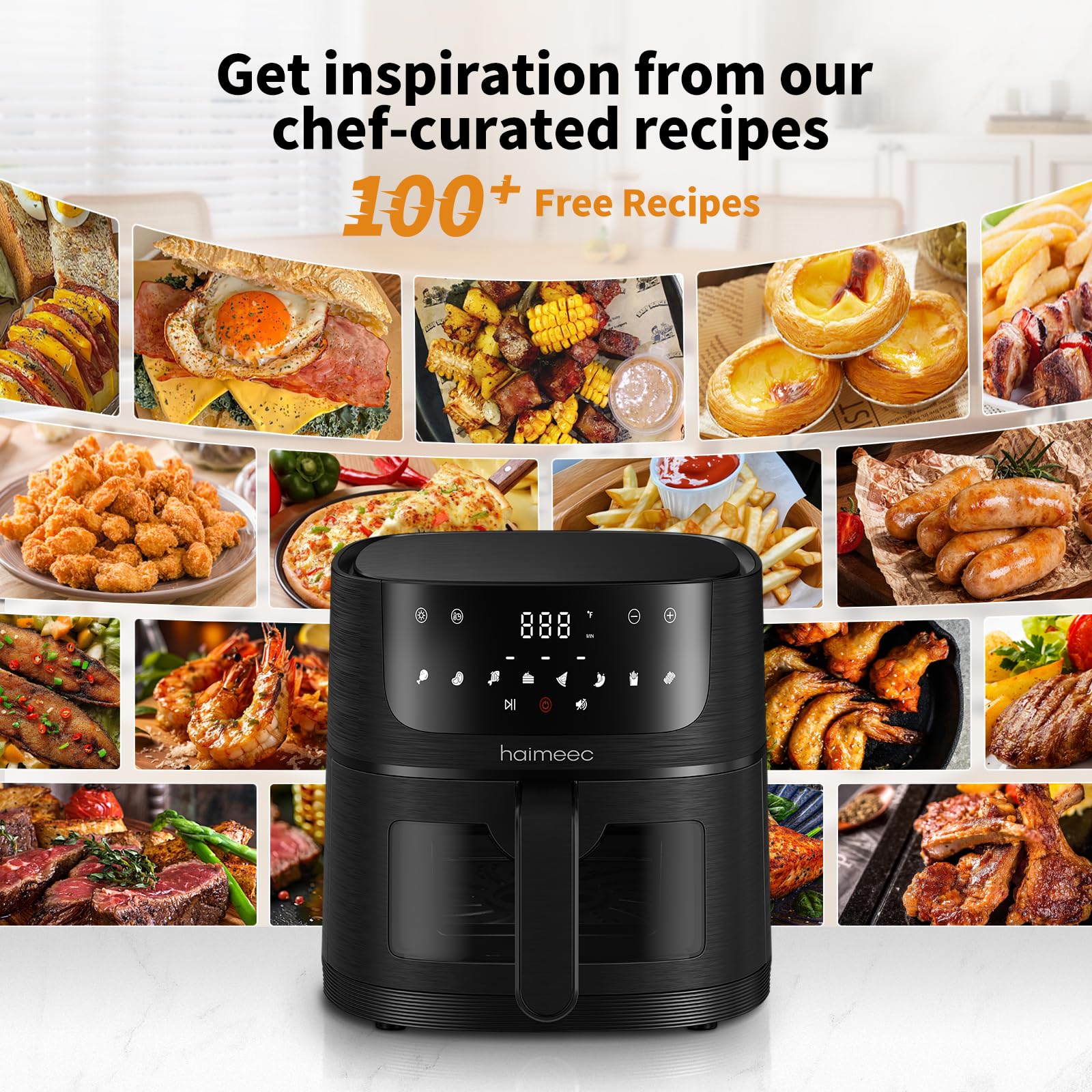 HAIMEEC Air Fryer 8-in-1 with 6.3 Qt Capacity and Easy View Windows, Max 400F, 95% Less Oil, 100+ Recipes, Shake Reminder, Nonstick Basket for Roast, Bake, Dehydrate, Reheat, Broil-CT03