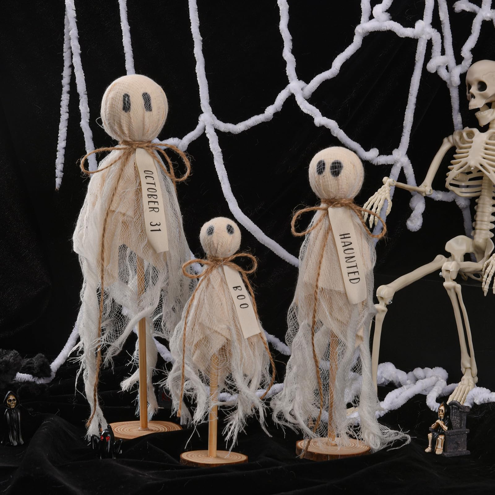 3Pcs Halloween Ghost Standing Table Decor, Fabric Ghost Sign for Table, Primitive Halloween Ghosts Shelf Sitters on Wooden Stand for Table Centerpieces, Shelves, and Mantels - Spooky Decor (White)