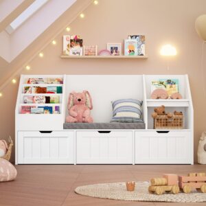 FOTOSOK 55.1’’ Kids Bookshelf with Reading Nook, Toy Storage Organizer with Seat Cushion and 3 Movable Drawers, Kids Reading Nook Toy Organizers and Storage with Bench for Playroom, Bedroom, White