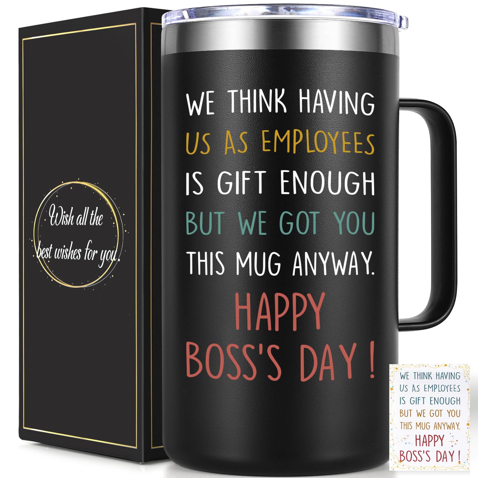 Lifecapido Boss Day Gifts, Boss Gifts, Having Us As Employees Is Gift Enough 20oz Insulated Coffee Mug with Boss Day Card, Birthday Retirement Christmas Gifts for Boss Employer from Employees, Black