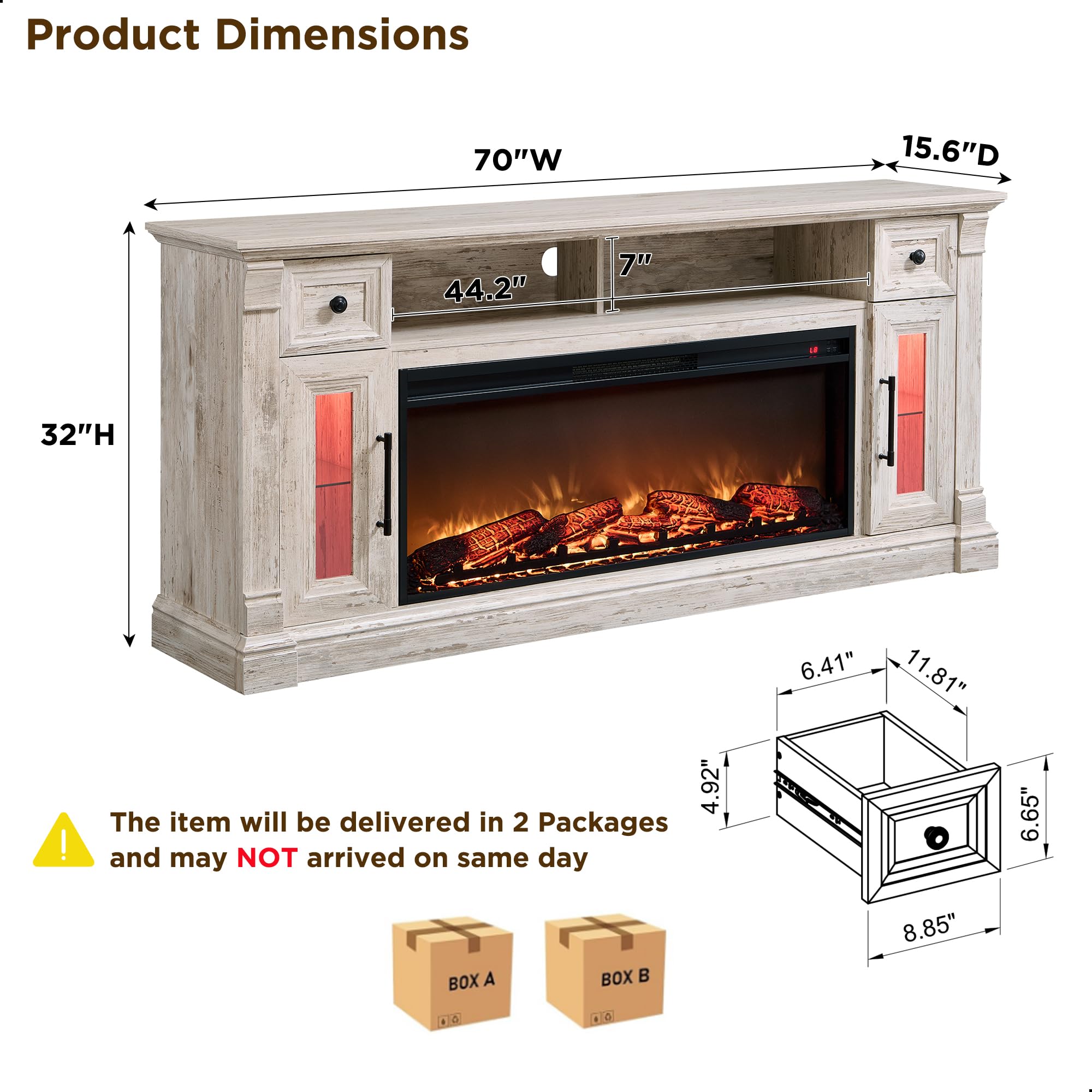 OKD Fireplace TV Stand for 80 Inch TV - Farmhouse Entertainment Center with 42" Electric Fireplace & LED Lights, Wood Media Console with Storage Drawers & Cabinets for Living Room, Antique Brush White