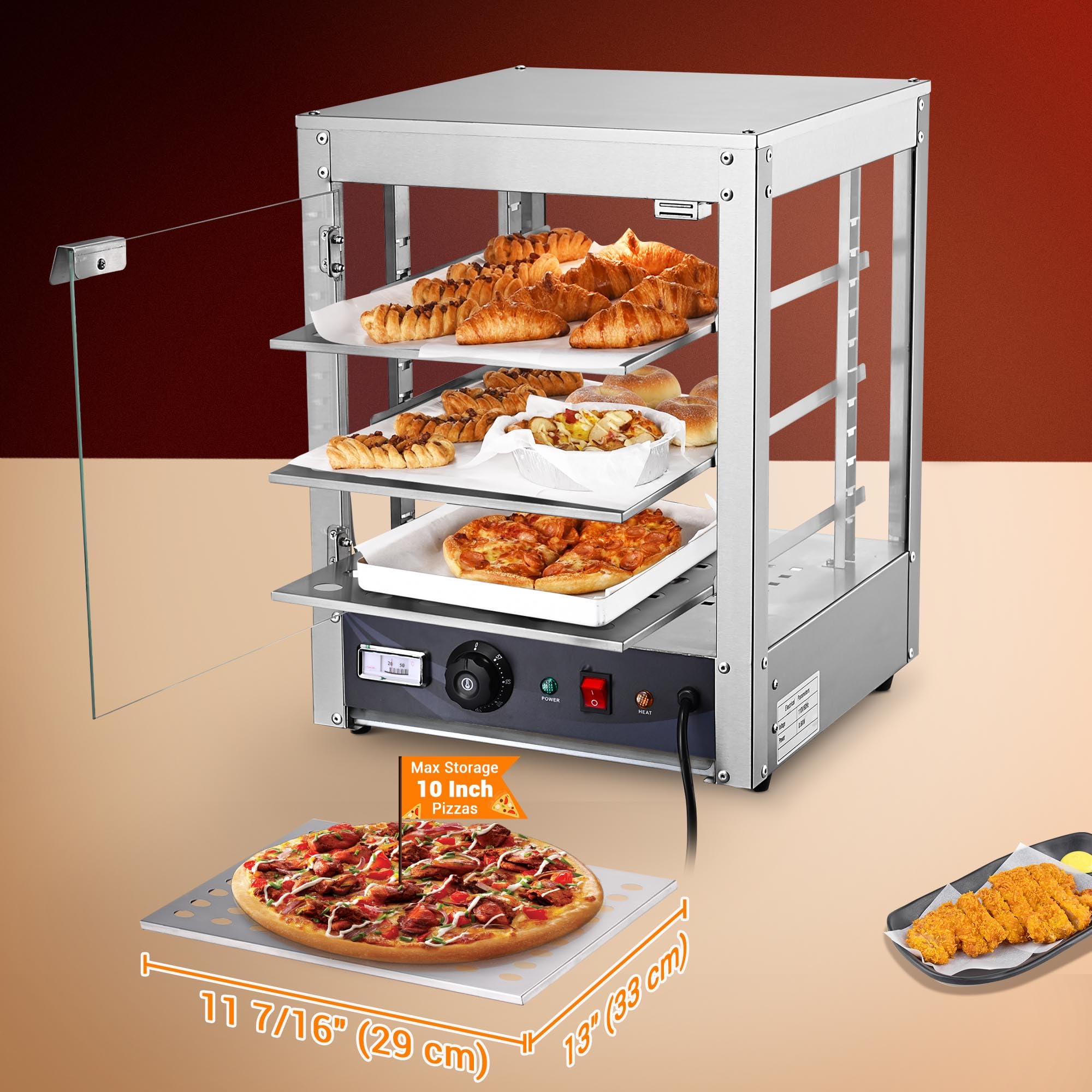 WeChef 15" 3-Tier Commercial Food Warmer Pizza Warmer Display Electric Countertop with LED Adjustable Lighting Stainless Steel Pastry Display Case for Fast Food Restaurant Food Truck Food Tent