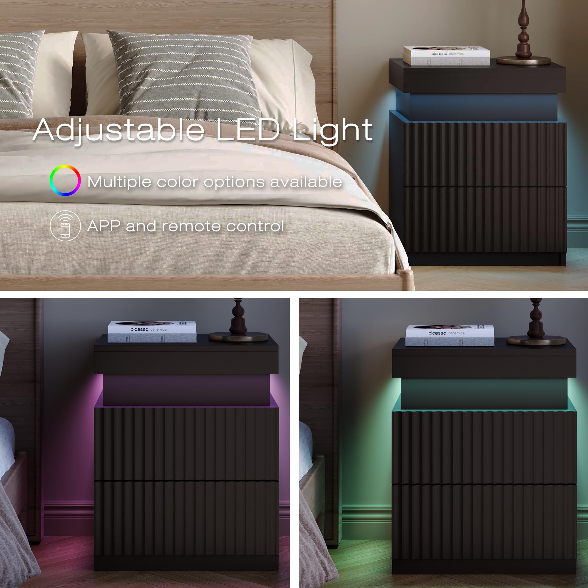 Nightstand Set of 2 Black Nightstand with Charging Station LED Night Stands with Drawers Modern Bedside Table with Sliding Top Night Table Fluted End Tables for Bedroom, Apartment, Dorm