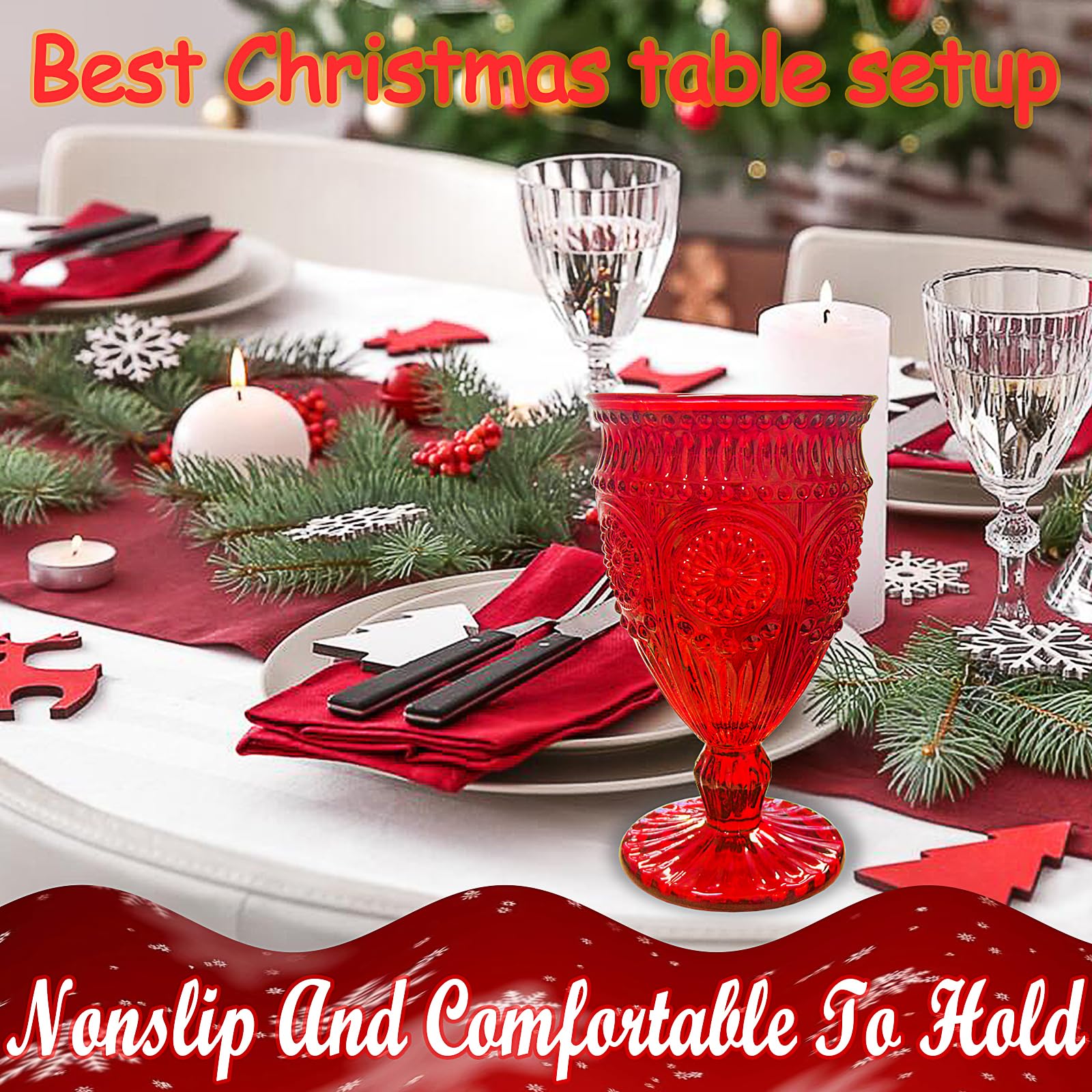 Veiuwa 6 PCS Christmas Wine Glasses,Christmas Glasses Drinkware,Christmas Drinking Glasses,Red Goblet Glasses,Christmas Glassware,Deep Red Designs Blend Better With the Christmas Table Setting.