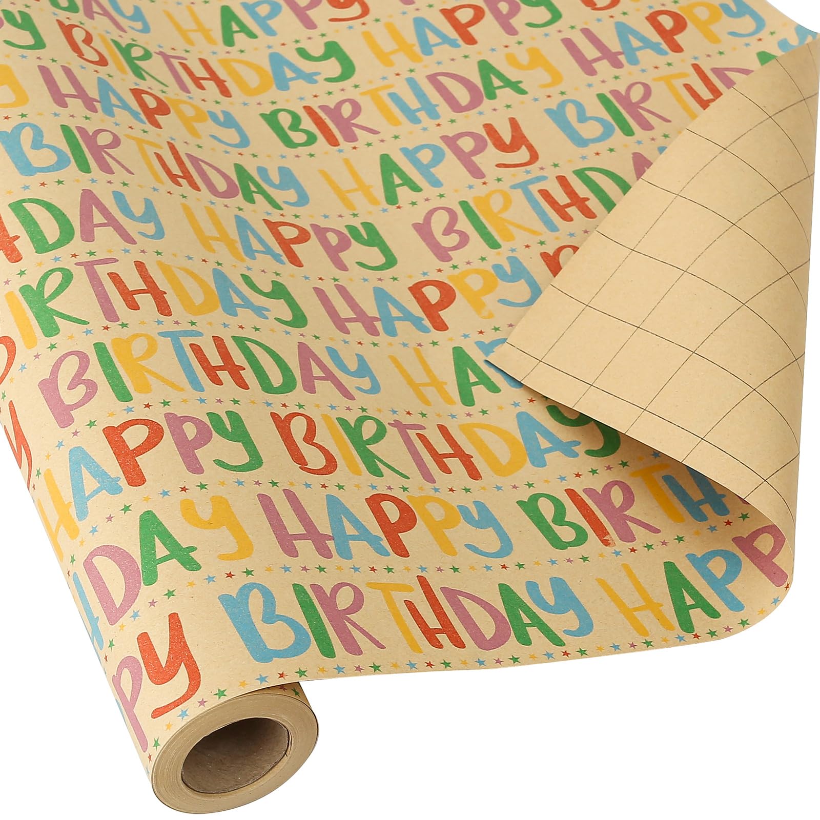 CAMKUZON Kraft Birthday Wrapping Paper Roll with Cutlines - Colorful Happy Birthday Text and Star Design - Gift Wrap Paper for Birthday Celebration Baby Shower, 17.4 Inch