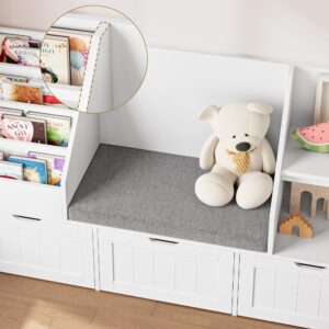 FOTOSOK 55.1’’ Kids Bookshelf with Reading Nook, Toy Storage Organizer with Seat Cushion and 3 Movable Drawers, Kids Reading Nook Toy Organizers and Storage with Bench for Playroom, Bedroom, White