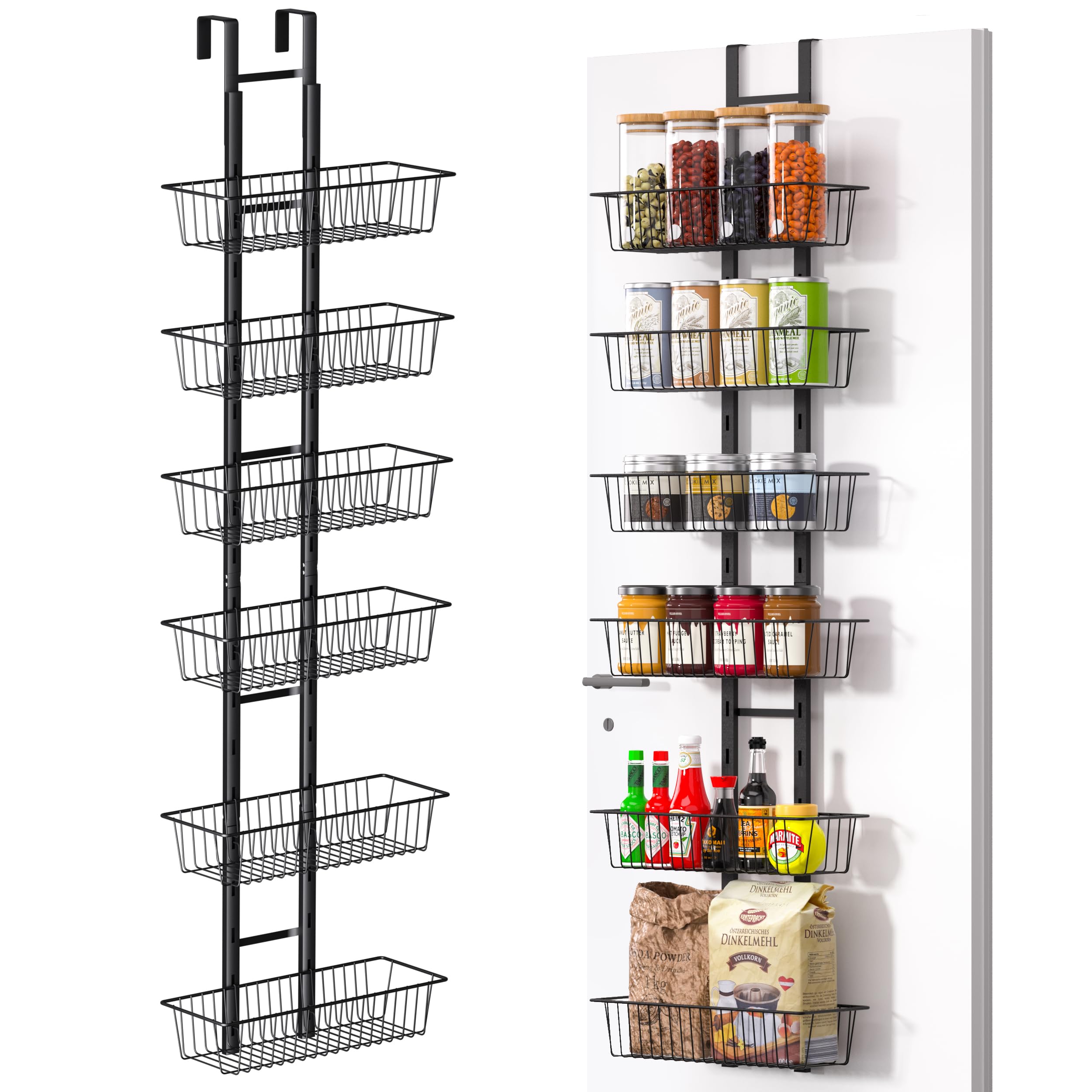 LUXEAR Over the Door Pantry Organizer, 6-Tier Adjustable Pantry Organizers and Storage, No-Assembly Foldable Metal Hanging Over the Door Organizer for Kitchen, Home, Laundry Room, Bathroom