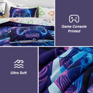 A Nice Night 5Pcs Gaming Comforter Set,Blue Purple 3D Game Contoller Themed Printing Bedding Sets for Kids Teen Boys, Reversible Comforter for All Seasons,Twin