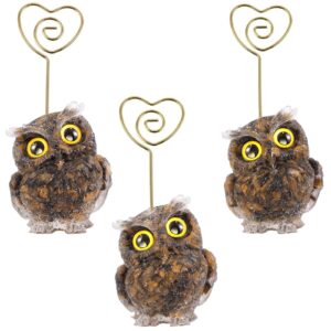 Sportmusies Resin Crystal Owl Table Card Holder, Gold Heart-Shaped Clip Picture Number Memo Stand for Wedding Birthday Party, Tiger's Eye Stone