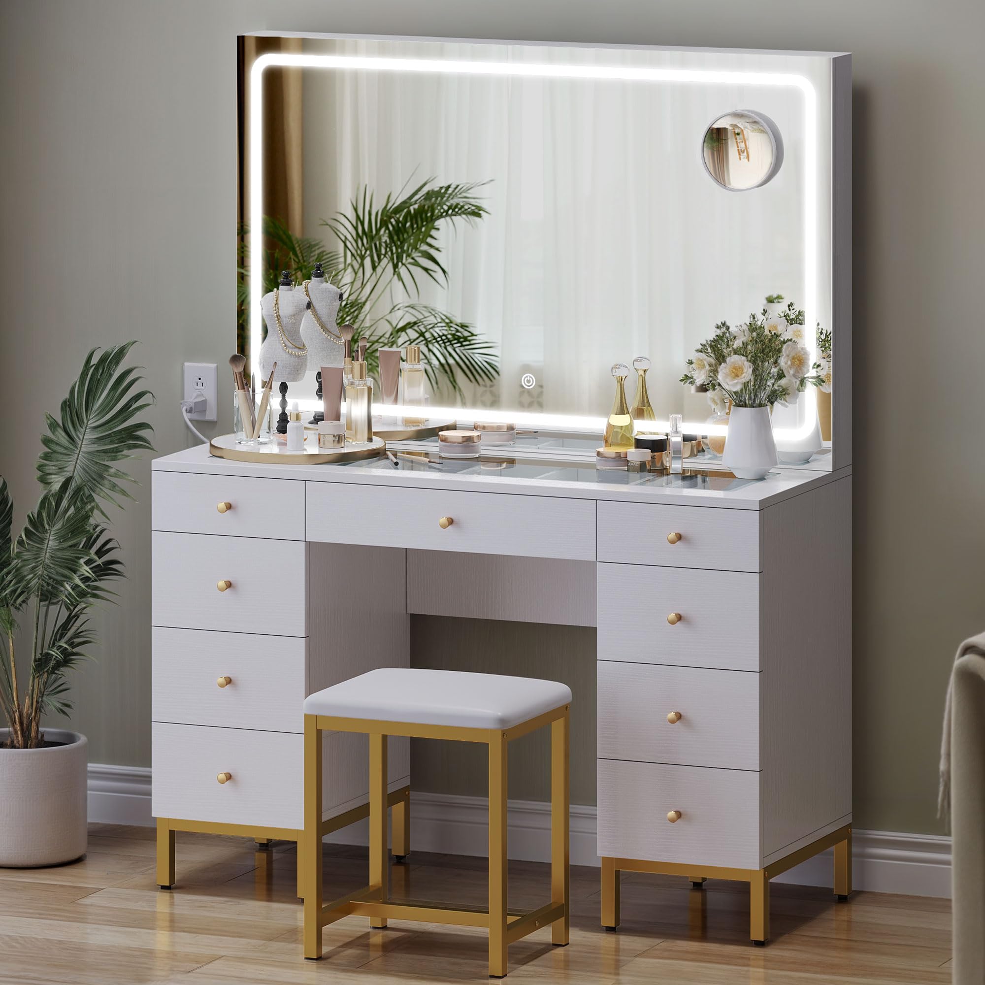 DWVO Vanity Desk Set with Large LED Lighted and Mirror & Power Outlet, Glass Top Vanity with Adjustable 3 Color Lighting Modes and 9 Drawer Magnifying Glass, 47" Makeup Vanity Desk with Bench, White