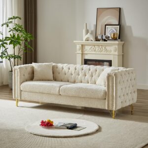 80"w chenille sofa couch,upholstered 3 seater loveseat sofa,button tufted comfy couch with nailhead trim&metal legs,mid century modern sofa,deep seat sofa for living room,office,apartment(beige)